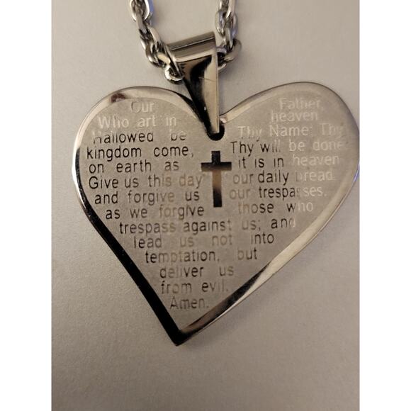 Stainless Steel Heart Necklace with Lords Prayer - Picture 1 of 7